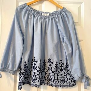 Time and Tru Baby Blue blouse with navy eyelet embroidery size xl